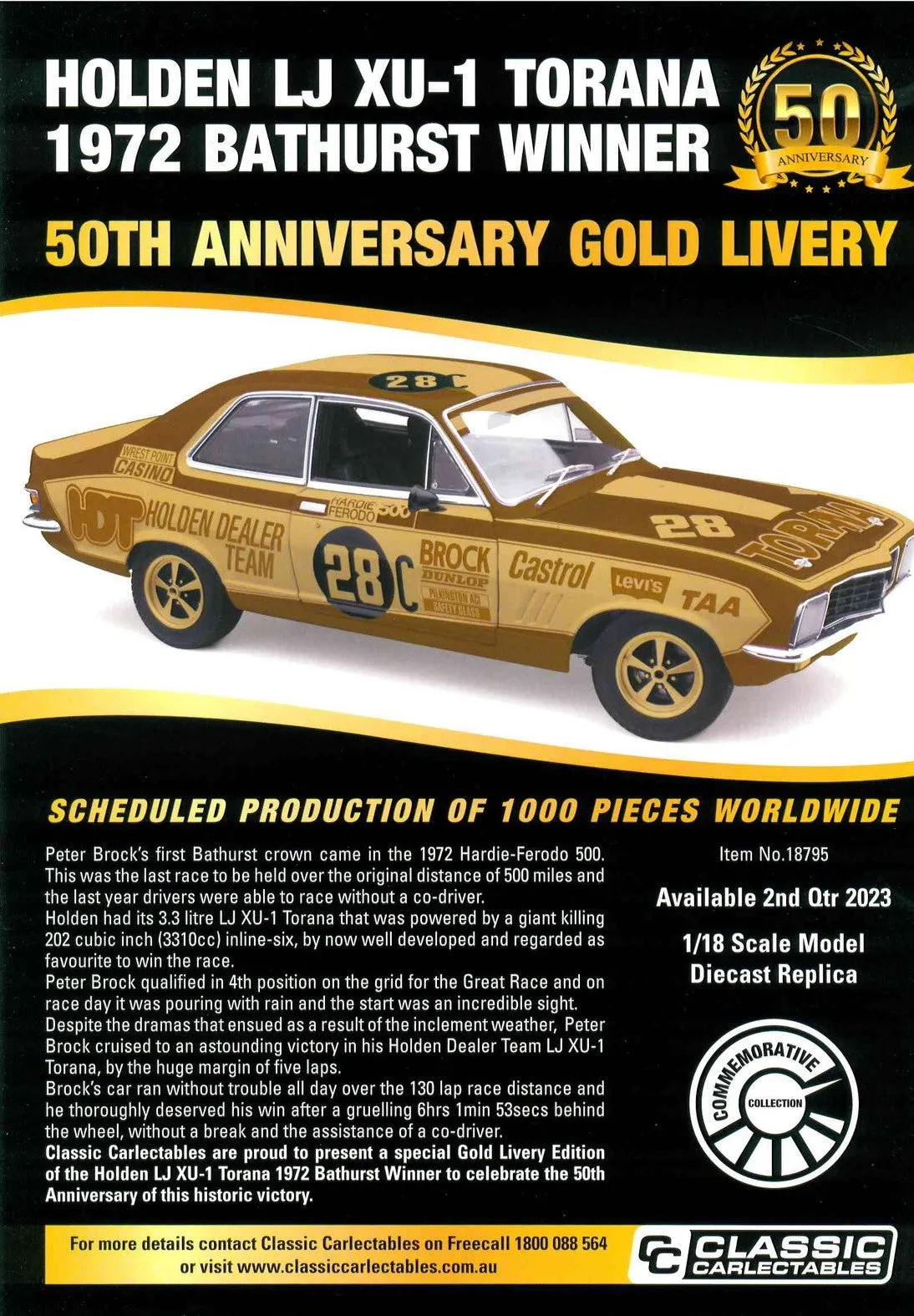 Classic Carlectables Holden LJ Torana XU-1, 1972 Bathurst Winner 50th Anniversary Gold Livery, 1:18 Scale Diecast Model Car
