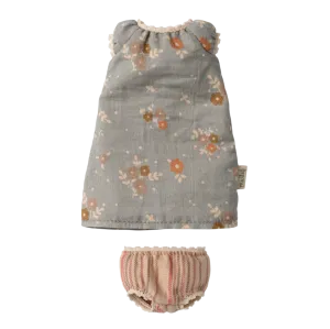 Maileg Size 1 Doll Clothes, Flower Dress in Soft Blue