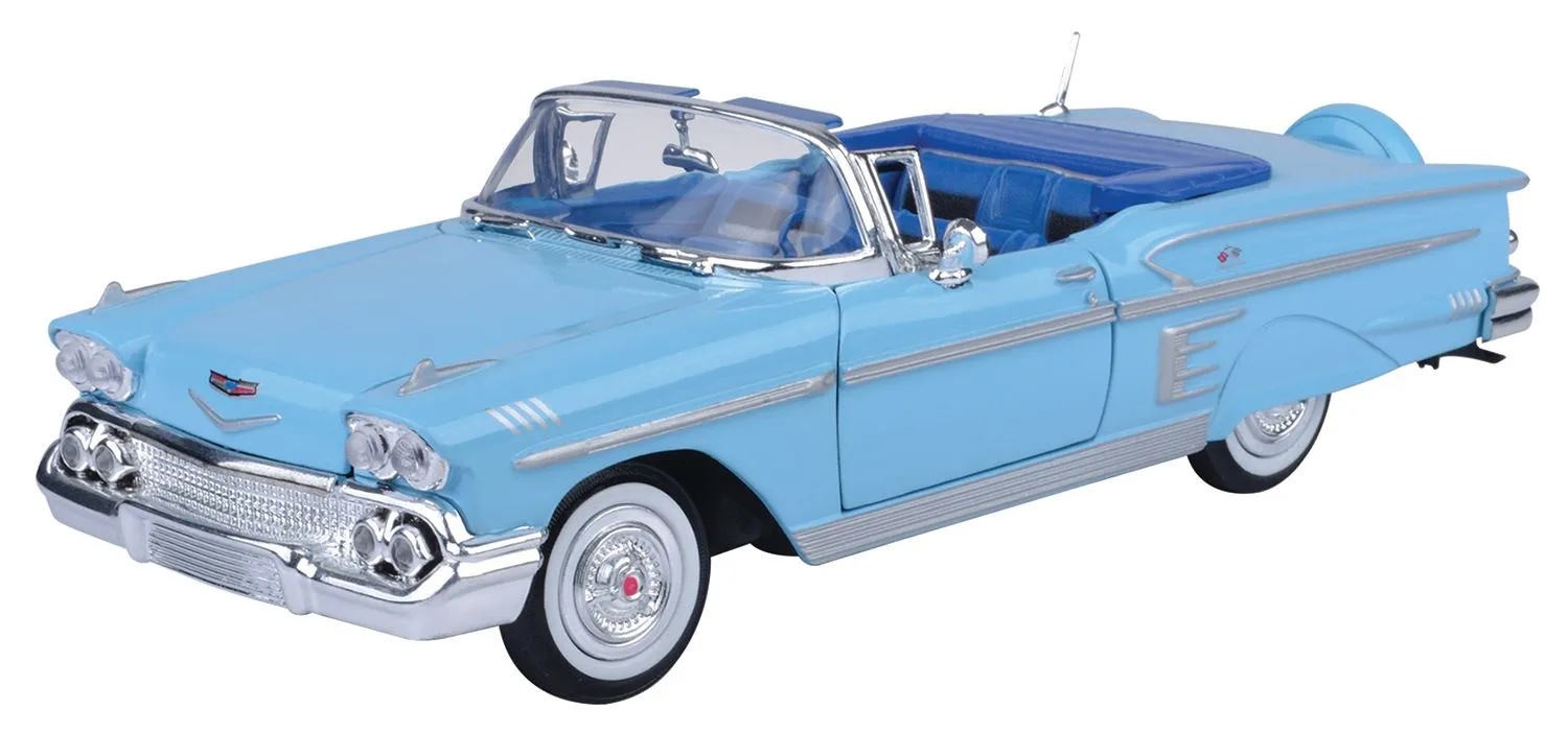 Motor Max 1:24 Timeless Legends Die-Cast Vehicle 1958 Chevy Impala Convertible Light Blue